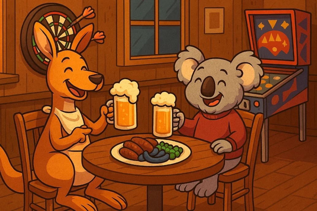 A koala and a kangaroo enjoying a drink in a pub